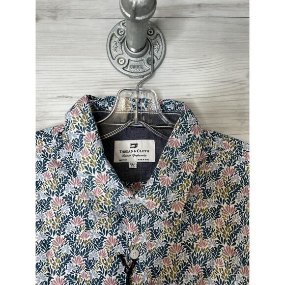 Thread & Cloth Shirt Mens XL Teal Floral Print 100% Cotton Short Sleeve Casual - Picture 2 of 10